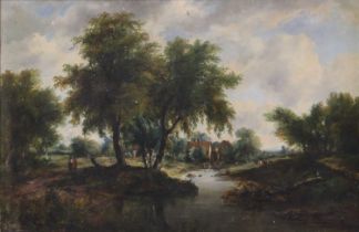 Follower of William Henry Crome (1806-1873) - Extensive river landscape with figures, cattle and