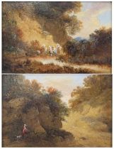 Attributed to George Morland (1762/3-1804) - Pair; Figure landscapes, oil on oak panel, 11 x 16.5cm