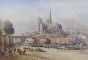 Albert Goodwin (1845-1932) - The Notre Dame from across the Seine, watercolour heightened with