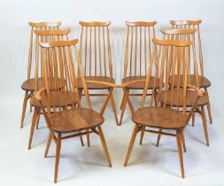 A set of eight Ercol Goldsmith light elm stickback dining chairs, model 369 and 369A (6+2), elbow