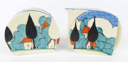 A rare Clarice Cliff May Avenue pattern pottery Stamford cream jug and sugar bowl, circa 1933,