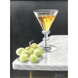 *Anne Songhurst (b.1946) - Sherry and grapes, oil on panel, signed lower right, 20.5 x 15.5cm