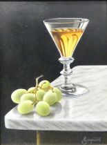 *Anne Songhurst (b.1946) - Sherry and grapes, oil on panel, signed lower right, 20.5 x 15.5cm
