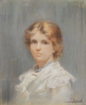 Leon Sprinck - Head and shoulders portrait of a young woman wearing a pearl necklace, pastel on
