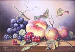 Paul Morgan (b.1940) - Still life study of fruit, oil on board, signed lower left, 14 x 19cm