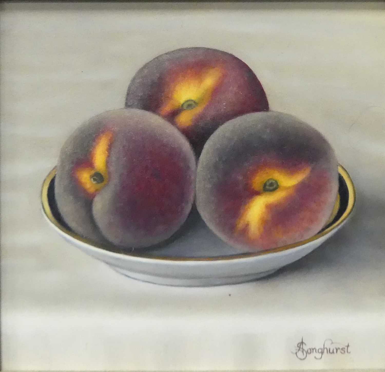 *Anne Songhurst (b.1946) - Three peaches, oil on panel, signed lower right, 15.5 x 16cm