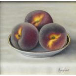 *Anne Songhurst (b.1946) - Three peaches, oil on panel, signed lower right, 15.5 x 16cm