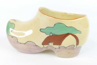 A 1930s Clarice Cliff Red Roof Cottage pattern pottery large clog, typically bright colour