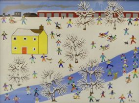 Gordon Barker (b.1960) - Figures playing in the snow with yellow house, acrylic on paper, signed