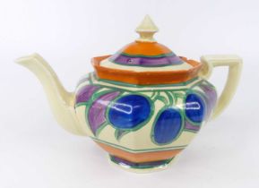 A circa 1930 Clarice Cliff pottery teapot and cover in the Cherry pattern, of bulbous shouldered