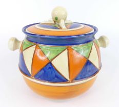 A 1930s Clarice Cliff Original Bizarre pattern pottery biscuit barrel and cover, of bulbous form,