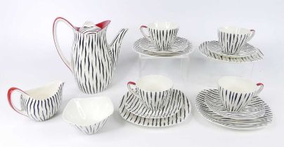 A Midwinter Zambesi pattern four-place coffee set, comprising coffee pot and cover, four trios,