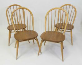 A set of four Ercol blond elm Windsor dining chairs, each raised on typical turned supports, w.45cm