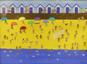 Gordon Barker (b.1960) - Figures playing on the beach with beach huts beyond, acrylic on paper,