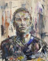 Tom Cox (contemporary) - Head and shoulders portrait of a man, palette knife oil on canvas, signed
