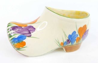 A 1930s Clarice Cliff Crocus pattern pottery large clog, typically bright colour decorated, black