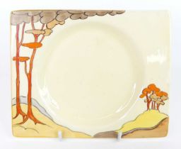 A 1930s Clarice Cliff Royal Staffordshire Coral Firs pattern pottery square plate, bright colour