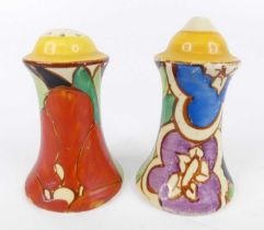 A pair of 1930s Clarice Cliff Gardinia (Red) pattern salt and pepper pots, each of waisted form,