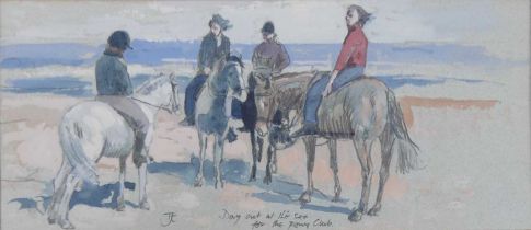 Tom Coates (1941-2023) - Day out at the sea for the Pony Club, pencil and watercolour heightened