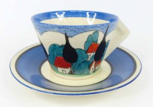 A rare Clarice Cliff May Avenue pattern pottery conical teacup and saucer, circa 1933, with