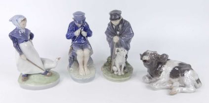 A collection of four Royal Copenhagen glazed porcelain figures, to include seated shepherd boy,