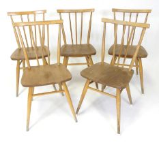 A set of five 1960s Ercol blond elm stickback kitchen chairs, model No. 391, raised on turned and