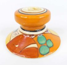 A 1930s Clarice Cliff Melon pattern squat candlestick, typically bright colour decorated, black