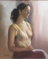 Contemporary European school - three-quarter length seated semi-nude study of a young woman, pastel,