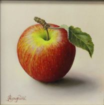 *Anne Songhurst (b.1946) - Jonagold apple, oil on panel, signed lower left, 15.5 x 15.5cm