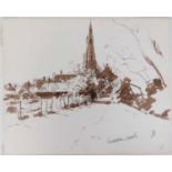 Tom Coates (1941-2023) - Kimbolton Church, ink and watercolour wash on wove paper, unframed,