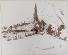 Tom Coates (1941-2023) - Kimbolton Church, ink and watercolour wash on wove paper, unframed,