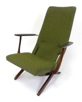 A 1960s Danish teak framed X-frame folding armchair, with further gilt chrome metal tubular detail