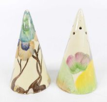 A pair of 1930s Clarice Cliff Viscaria pattern pottery conical salt and pepper pots, each bright