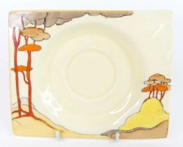 A 1930s Clarice Cliff Royal Staffordshire Coral Firs pattern pottery square dish, with circular