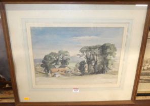 Hermione Hammond (1910-2005) - Farm buildings on a landscape, watercolour, signed and dated 5/42