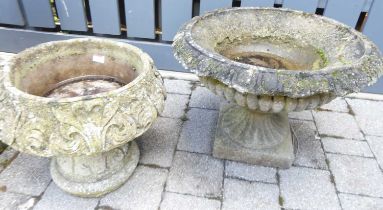 Two reconstituted stone squat footed pedestal classical style planters Both with large wear/