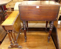 An early 19th century mahogany round cornered drop flap two-drawer work table, on ring turned