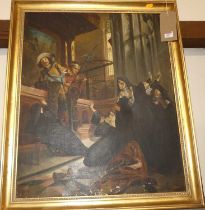J Taylor - Nuns under siege, oil on canvas, signed lower right, 67 x 54cm