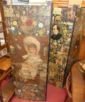 A circa 1900 decoupage decorated four-fold dressing screen, each panel width 60.5cm