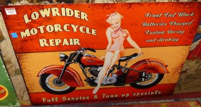 A printed tin advertising sign for Lowrider Motorcycle Repair, 50 x 70cm