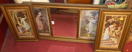 A gilt framed triptych mirror print width 71cm, together with a pair of gilt framed prints (3)