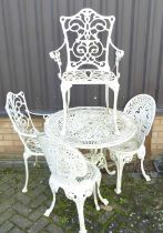 A painted, pierced and galvanised metal circular patio table, dia.81cm; together with a similar pair