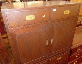 A pair of Eastern contemporary hardwood double door side cupboards, each having twin upper drawers