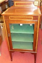 An Edwardian mahogany and satinwood inlaid ledgeback single door glazed music cabinet, width 50.5cm