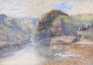 R. Harris - Mountian lake scene with lone fisherman and cattle, watercolour, signed lower right,