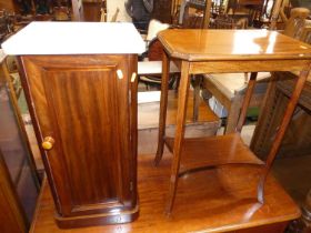 A Victorian walnut and white marble topped single door bedside cupboard, together with an