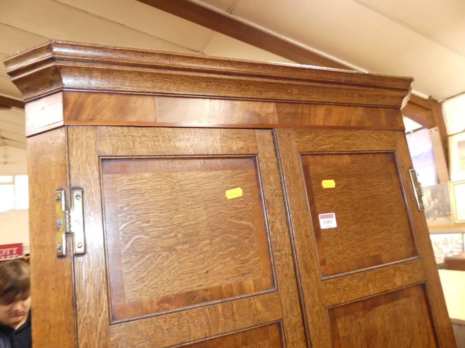 An early 19th century oak and mahogany cross banded double door hanging corner cupboard, height - Image 2 of 2