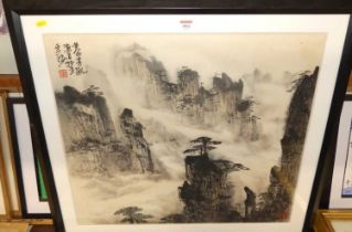 A Japanese sepia watercolour landscape, signed and with studio seal, 57 x 66cm