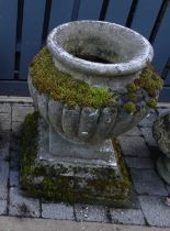 A pair of impressive reconstituted stone pedestal planters, each of bulbous reeded form, raised on