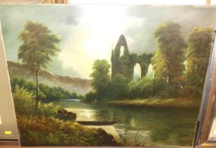 E. S. Dyer - Bolton Abbey, oil on canvas (re-lined and unframed), titled lower left, signed lower